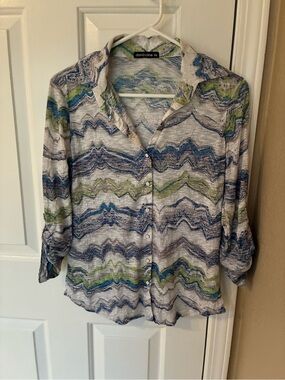 David Cline Blue & Green Wave-Print Button-Down Top